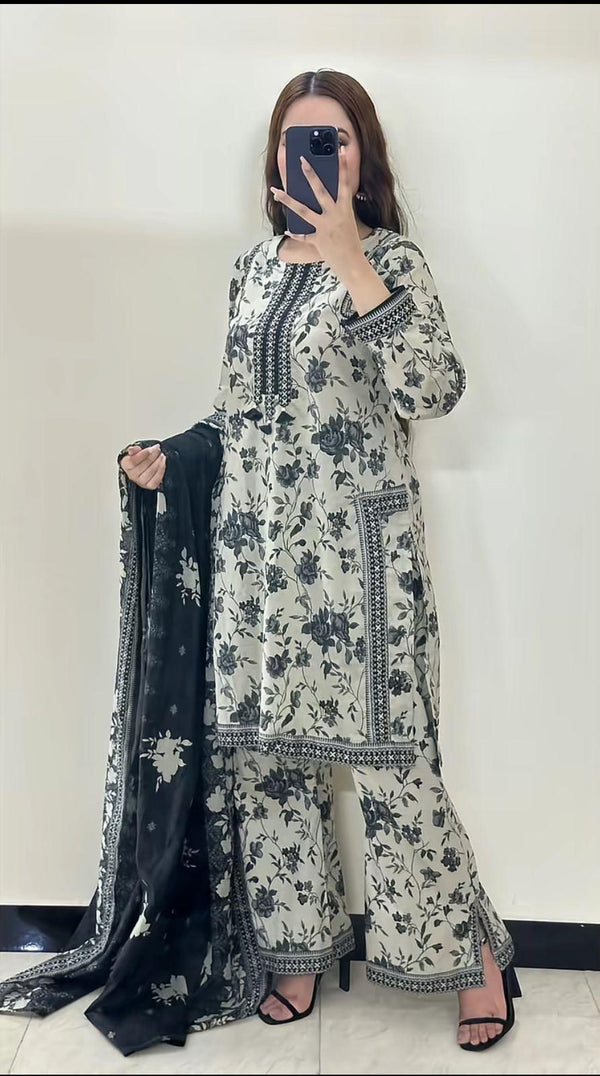 3 Pcs Women's Unstitched Digital Print Suit