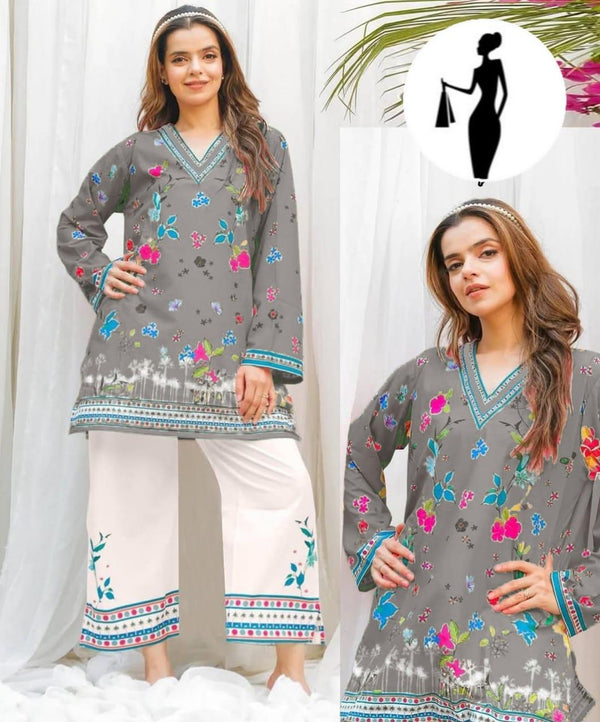 2 Pcs Women's Stitched Swiss Lawn Printed Co-Ord Set