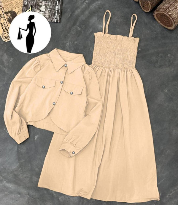 2 Pcs Women's Stitched Linen Calligraphy Frock And Jacket