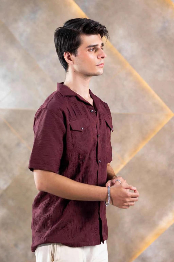 Textured Button-Down Shirt for Men in Rich Maroon – Perfect Summer Wear EW-000329