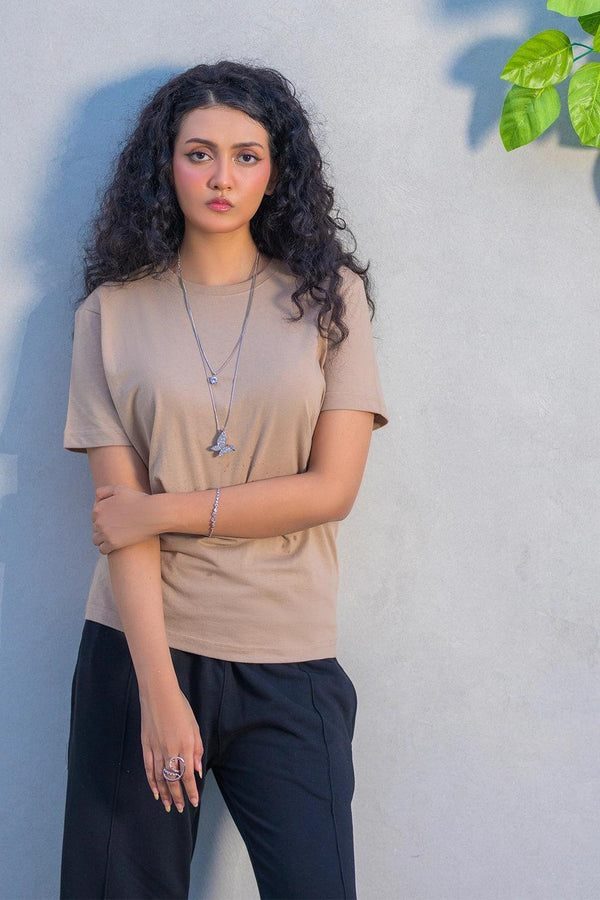 Beige Crew Neck T-Shirt – Women's Everyday Neutral Tee EW-001147