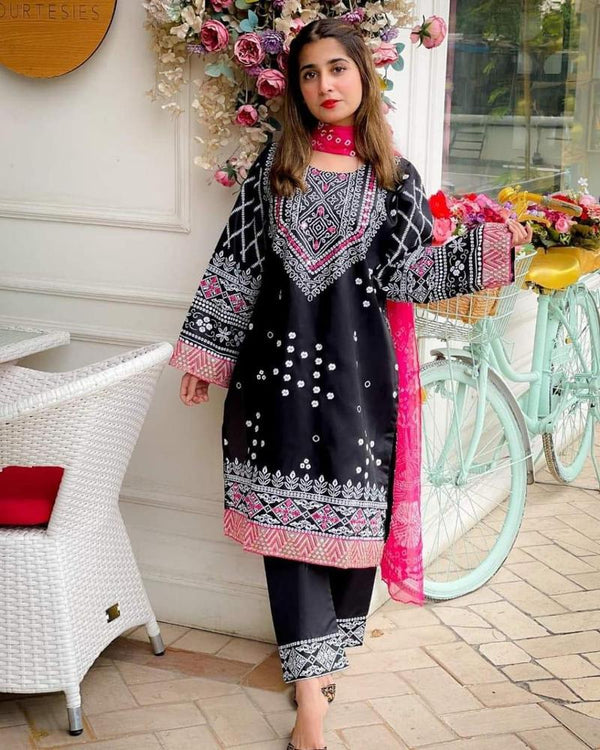 3 Pcs Women’s Stitched Katan Silk Embroidered Suit